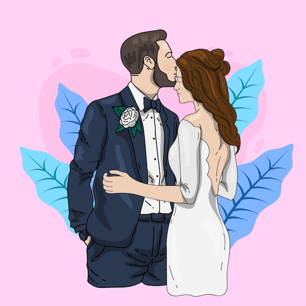 Ładny ślub Panna Młoda Para Miłość Walentynki Doodle Ilustracja