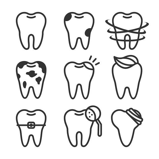Ładny Styl Linii Zębów Wektor Zestaw Z Różnymi Warunkami Zębów