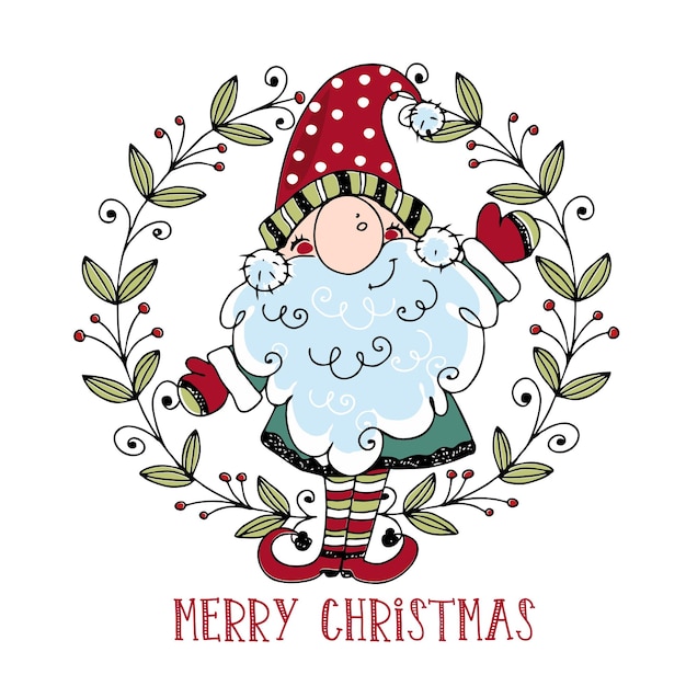 Plik wektorowy Ładny świąteczny gnom z prezentami w stylu doodle wektor z życzeniami