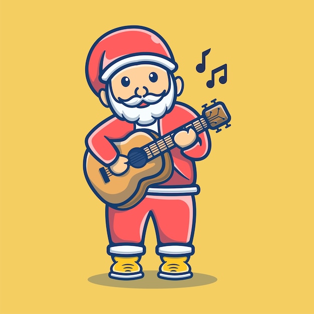 Ładny święty Mikołaj Gra Na Gitarze. Kreskówka Maskotka świętego Mikołaja. Boże Narodzenie Element Płaski Cartoon Style