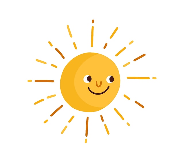 Ładny Szczęśliwy Uśmiechający Się Słońce Z Promieniami. Dziecinny Rysunek W Stylu Skandynawskim. Gorące Lato Ikona Pogody. Zabawny Charakter Słoneczny. Kolorowe Płaskie Wektor Ilustracja Na Białym Tle.