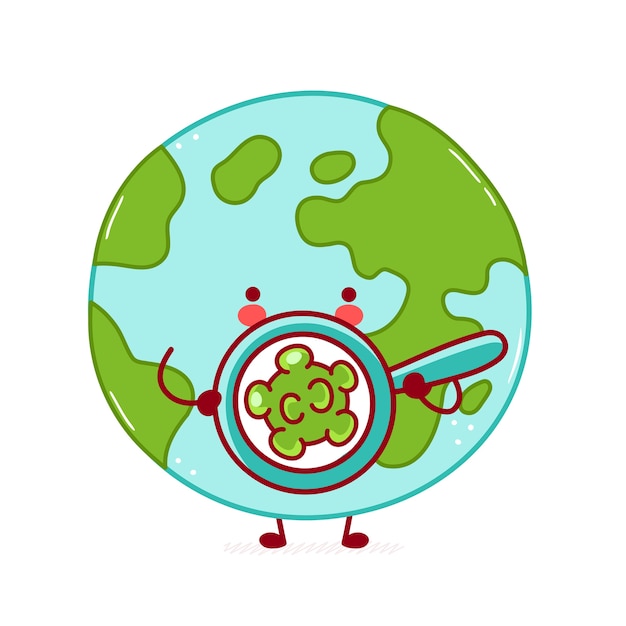 Ładny Szczęśliwy Zabawny Charakter Planety Ziemi Patrzy Na Bakterie W Lupie. Postać Z Kreskówki Ikona Ilustracja Projekt. Na Białym Tle