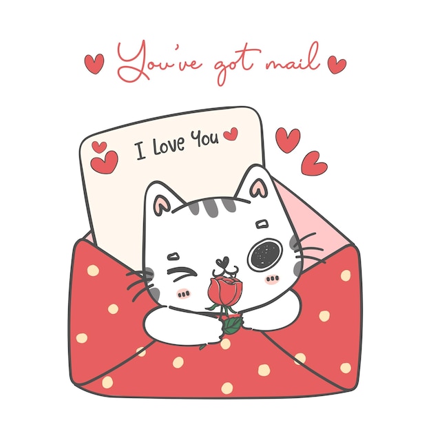 Ładny Valentine biały kotek pręgowany kot zakochany czerwona koperta kreskówka zwierzę doodle ręka rysunek wektor