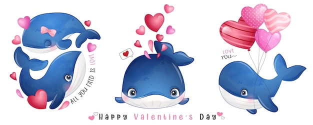 Ładny Wieloryb Doodle Do Kolekcji Walentynki