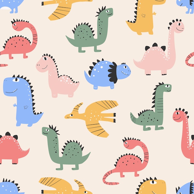 Ładny wzór dinozaura - ręcznie rysowane dziecinny wzór bez szwu dinozaura