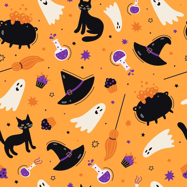 Ładny Wzór Halloween Duch Kot Czarownica Kocioł Miotła Kapelusz Cukierki Ilustracja Wektorowa