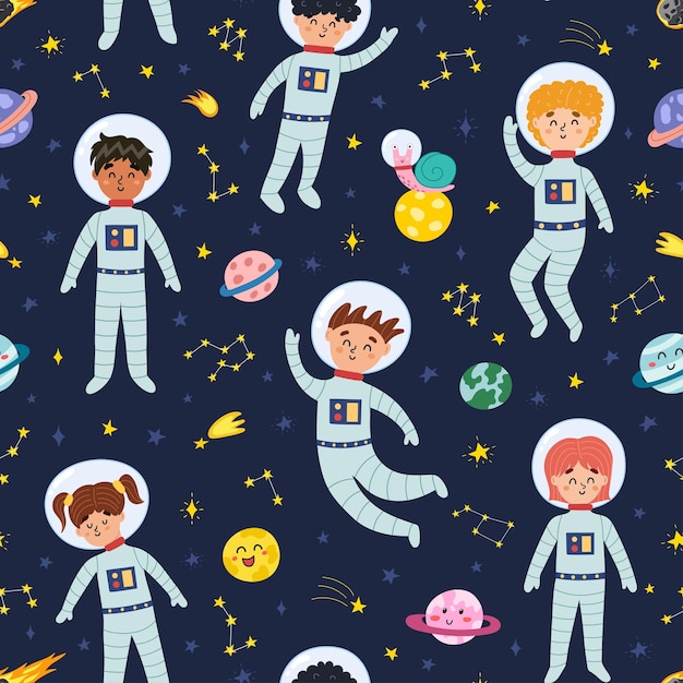Ładny wzór kosmiczny z astronautami dla dzieci Zaczyna planety i dzieci w tle skafandrów kosmicznych