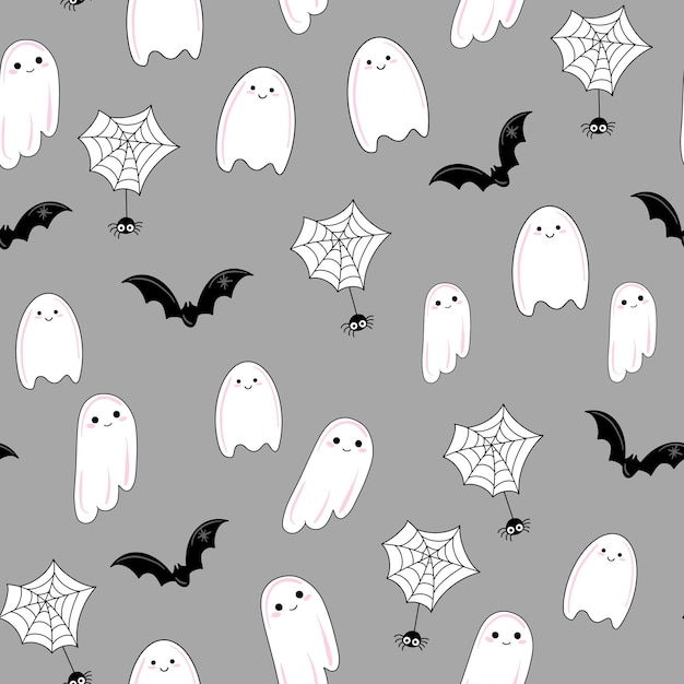 Ładny wzór z duchami i nietoperzami na szarym tle na Halloween.