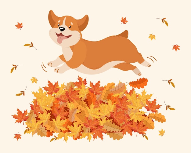 Ładny Zabawny Pies Corgi W Skoku Przez Kilka Jesiennych Liści. Ilustracja Dla Dzieci, Wektor Wydruku
