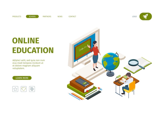 Lądowanie edukacji online. Wiedza procesy uczenia się procesy szkoleniowe kursy na odległość student wektor izometryczny szablon strony internetowej. Szkolenie edukacyjne online, studia uniwersyteckie online ilustracja