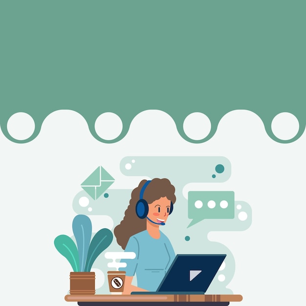 Plik wektorowy lady call center ilustracja ze słuchawkami i komputerem dymek pokazujący wiadomość kobieta za pomocą słuchawek do laptopa z dymkiem z konwersacją przedstawiającą wyjaśnienie