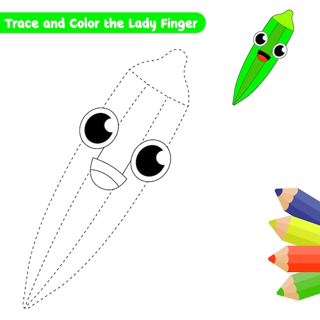 Lady Finger Tracing And Coloring Page For Kids Vector With Colorful Sketch (strona Do Malowania I śledzenia Palców Dla Dzieci)