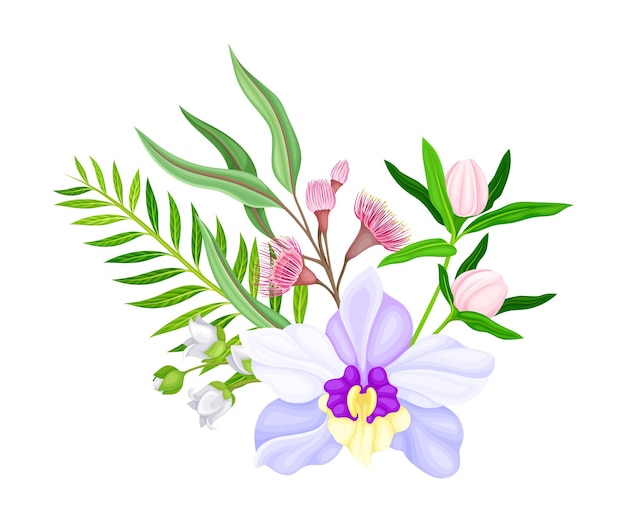 Łagodny kwiat orchidei ułożony z kwitnącymi łodygami i gałązkami ilustracja wektorowa