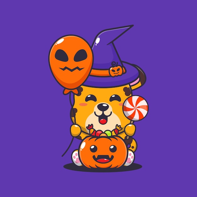 Lampart czarownica trzyma balon na Halloween i słodycze