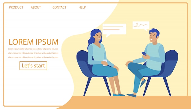 Landing Page with Woman and Man Have Conversation