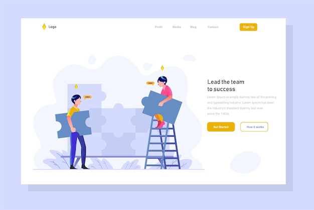 Landing Page Zespół Biznesowy Współpracuje Ze Sobą, Rozwiązuje Problem, Strategia Układanki, Płaski Styl Ilustracja