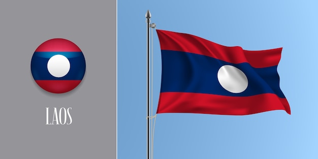 Laos Macha Flagą Na Masztem I Okrągłą Ikonę Ilustracji.