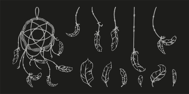 Plik wektorowy Łapacz snów i pióra szkicują wystrój rdzennych amerykanów z piórami i łapaczami snów