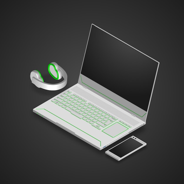 Laptop do gier, smartfon i słuchawki.