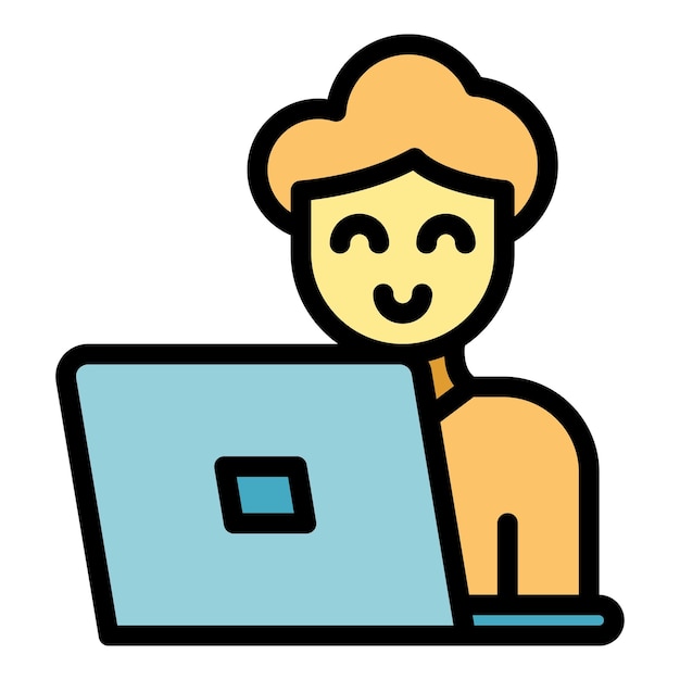 Laptop online głosowanie człowiek ikona zarys wektor mobilny sondaż cyfrowy internet kolor płaski