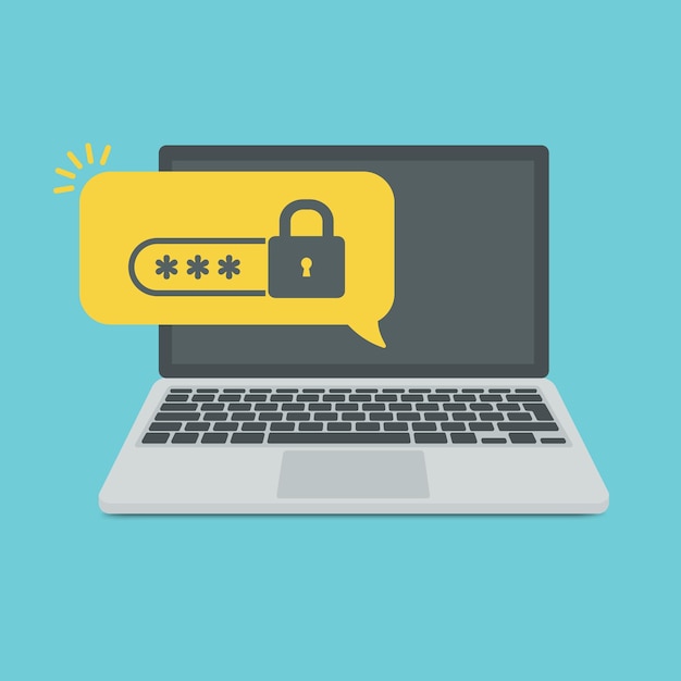 Laptop z powiadomieniem o haśle i ikoną kłódki wektor ilustracja na białym tle koncepcja informacji o bezpieczeństwie dostęp osobisty autoryzacja użytkownika notatka logowanie ikona ochrona internetu alert