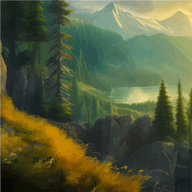 Las i góry rzeka krajobraz wektor mglisty pochmurny dzień ilustracji wektorowych sezon letni