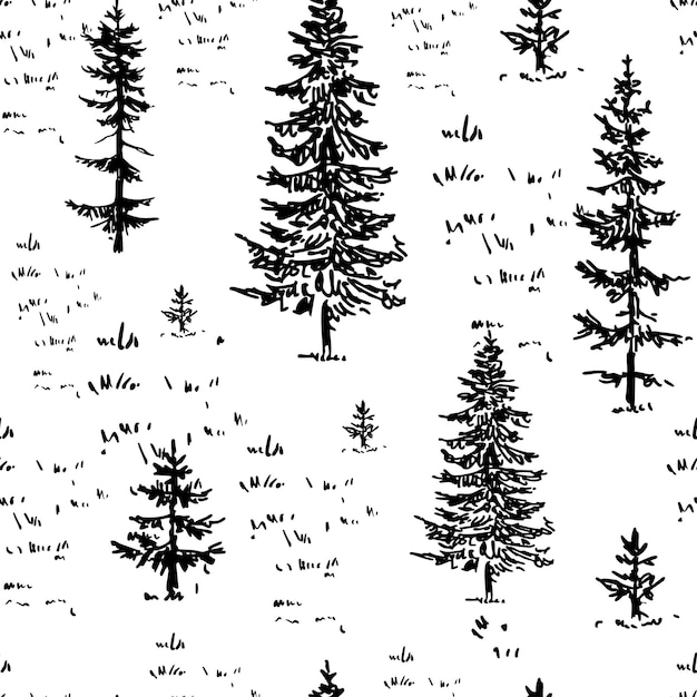Lasy sosnowe szkice bezszwy wzór rysunek ilustracja wektorowa ręcznie narysowana monochromatyczna