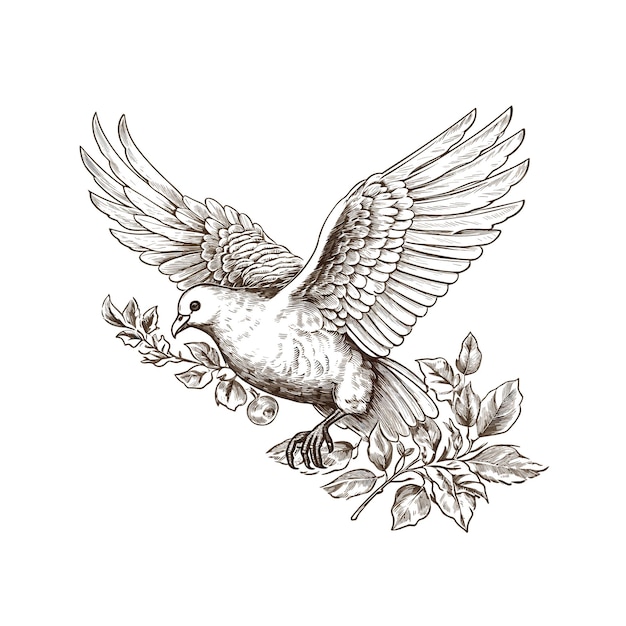 Plik wektorowy latający gołąb nadzieja i wiara art szczegółowe edytowalne ilustracja wektor vintage grawerowanie izolowany na białym tle eps 10
