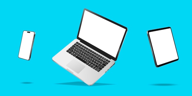 Latający laptop, telefon komórkowy i tablet z białym ekranem