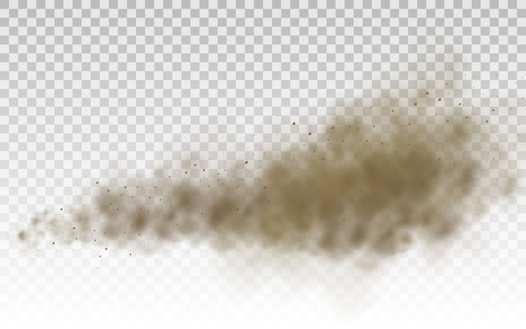 Wektor latający piasek. chmura kurzu. brązowa zakurzona chmura lub suchy piasek latający z podmuchem wiatru, burza piaskowa. brown tekstury dymu realistyczna wektorowa ilustracja.
