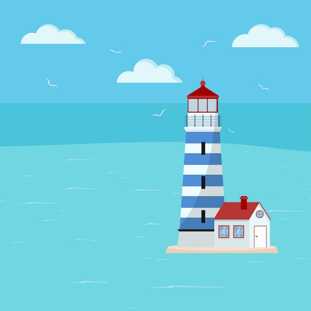 Latarnia morska na morskim krajobrazie z mewami i niebem. Wybrzeże z błękitną wodą, chmurami na niebie, budynek latarni morskiej. Ilustracja wektorowa beacon seascape tła w stylu płaskiej kreskówki. Baner czasu letniego