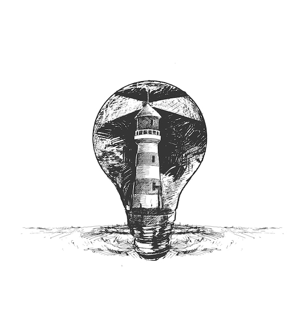 Latarnia morska szkic ikona sztuki wystrój fale spirala żarówka ilustracja wektorowa