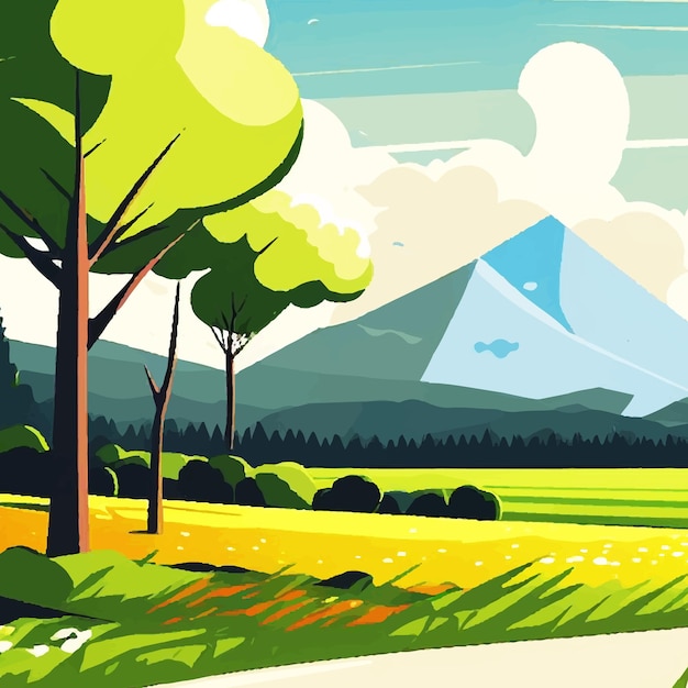 Plik wektorowy lato krajobraz kreskówka projekt tło z drzewami i górami ilustracji wektorowych