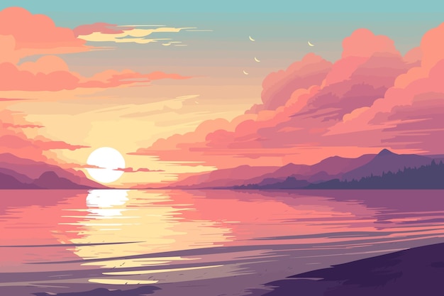Plik wektorowy lato morze zachód słońca płaski krajobraz wektor sztuka ilustracja retro vintage plakat