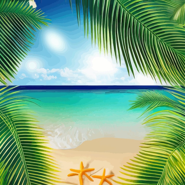 Plik wektorowy lato na palmach plażowych i roślinach wokół ilustracji wektorowych letnie wakacje na białym wybrzeżu morza
