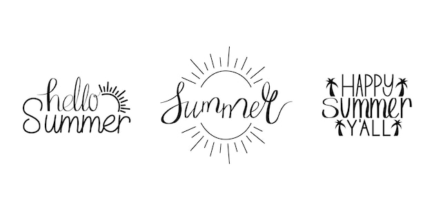 Plik wektorowy lato ręcznie rysowane pędzlem napisy zestaw letnia typografia ze słońcem i palmami czarno-biały napis ręcznie rysowane lato