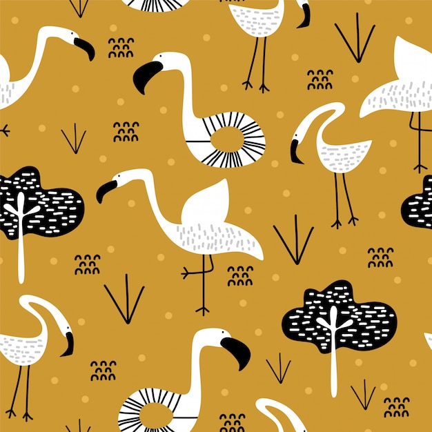 Lato wzór z ślicznym flamingo skandynawskim rysunkiem