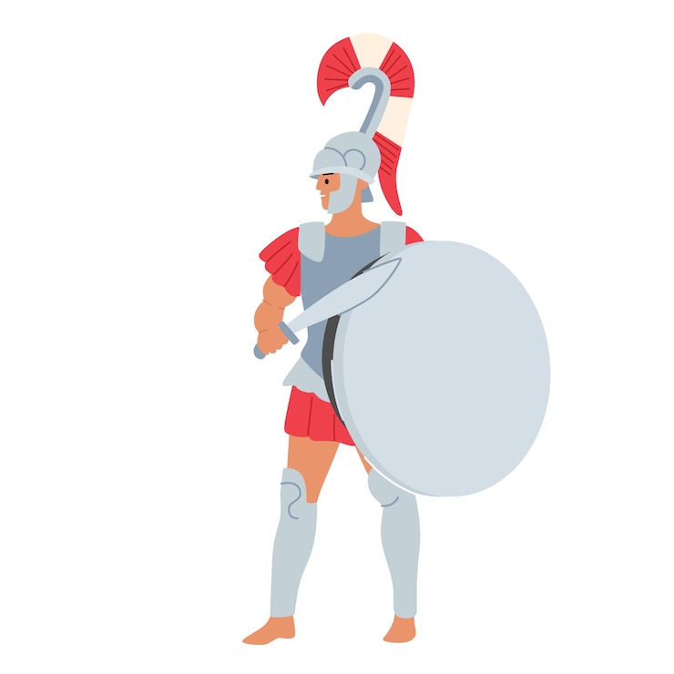 Wektor legionowy żołnierz, rzymski wojownik gladiator w hełmie, trzymając miecz i tarczę na białym tle