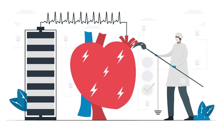Wektor lekarz leczy problem z chorobą serca, który nazywa się arytmią tachykardii. sygnał okresowy to szybka odpowiedź impulsowa. ilustracja wektorowa kardiologii na białym tle.