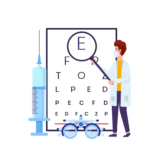 Plik wektorowy lekarz patrzy na receptę z dużym wykresem oka