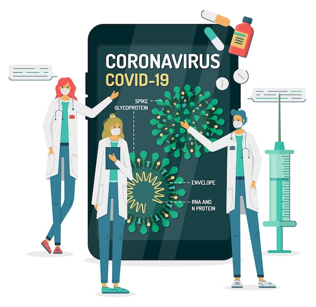 Plik wektorowy lekarze pokazują wewnętrzną strukturę koronawirusa na płaskiej ilustracji smartfona