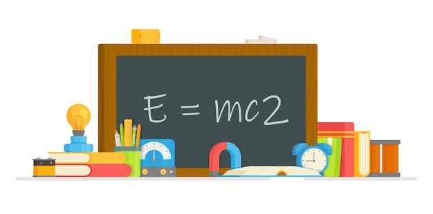 Lekcja fizyki. ilustracja przeprowadzania eksperymentu z instrumentami fizycznymi. Formuła.