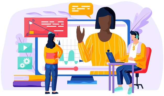 Lekcja geometrii online afro amerykańska dziewczyna na ekranie podnosi rękę facet pracuje z laptopem