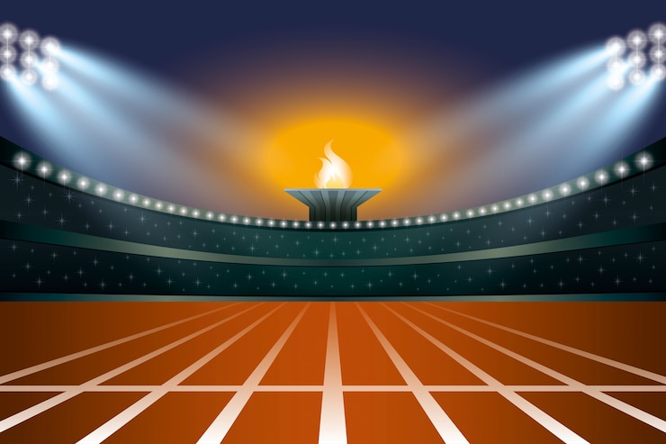 Wektor lekkoatletyka stadium z śladem przy ogólnym frontowym noc widokiem.