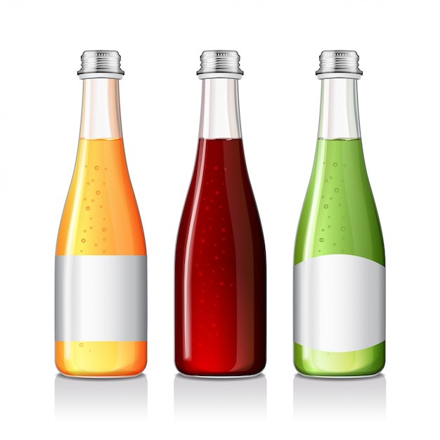 Plik wektorowy lemoniada, napój alkoholowy, sok w szklanej butelce z makietami etykiet.
