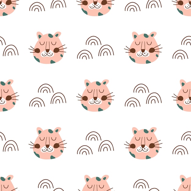 Leopard Twarz Różowa Lamparta Głowa Bez Szwu Deseń Słodkie Dziecko Zwierząt Tkanina Tekstylna Dziki Kot Prosta Tekstura