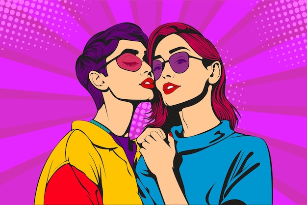 Lesbijska para całująca się i uściskająca homoseksualna kobieta w stylu komiksów pop art retro