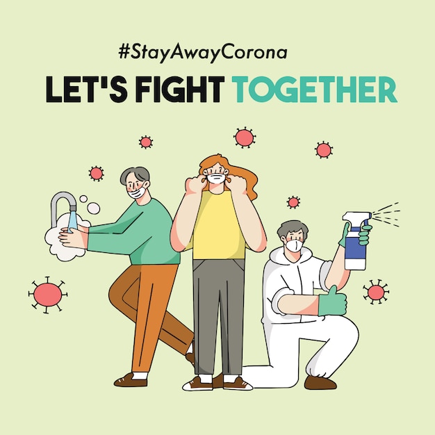 Let's Fight Corona Together Ii Covid-19 Doodle Ilustracja Kampania Bezpieczeństwa