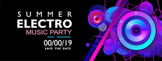 Plik wektorowy letni baner muzyki electro na imprezę, wydarzenie i koncert. z kolorowym kształtem na czarnym tle