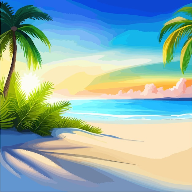 Plik wektorowy letni egzotyczny krajobraz plaży piaszczysty brzeg z zielonymi palmami i niebieską ilustracją wektorową morza